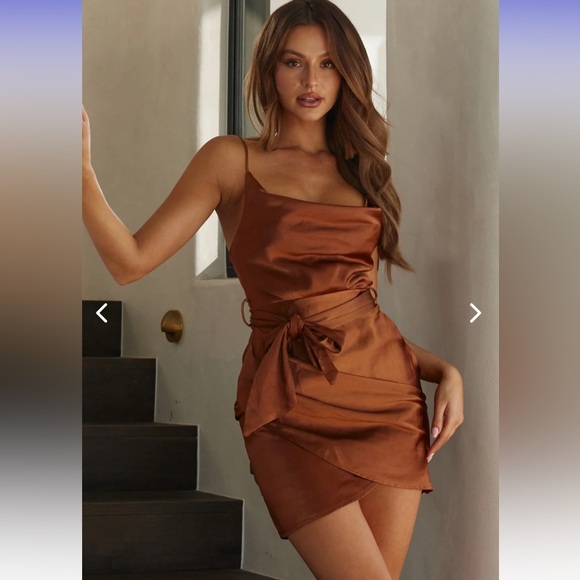 Bebe Satin Cowl Neck Wrap Dress Chocolate NWT - Picture 1 of 6